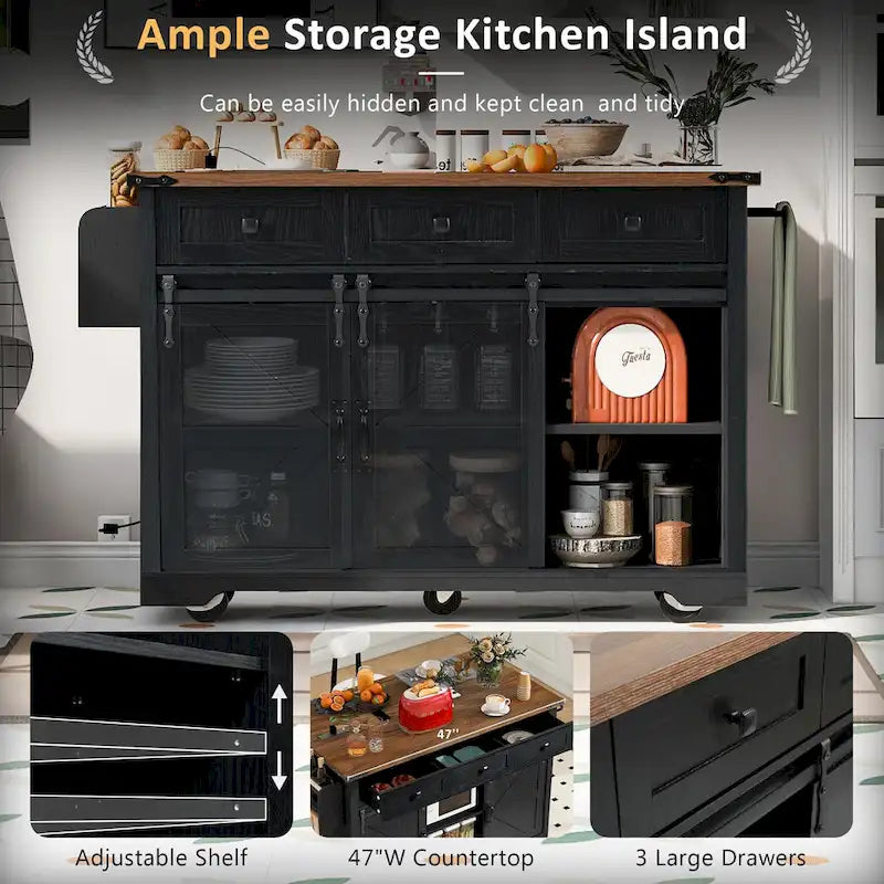 Black Farmhouse Kitchen Island with Storage & Power Outlet, 1-Person