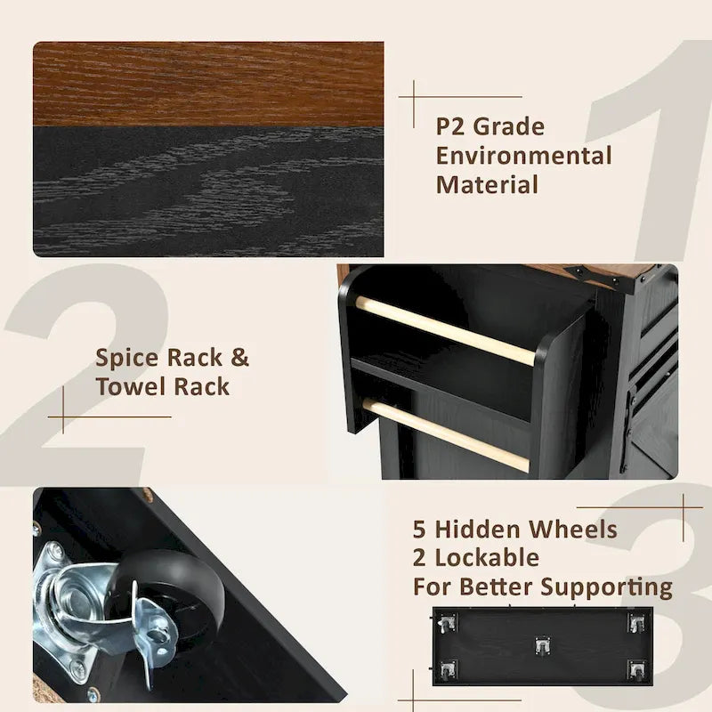 Black Farmhouse Kitchen Island with Storage & Power Outlet, 1-Person