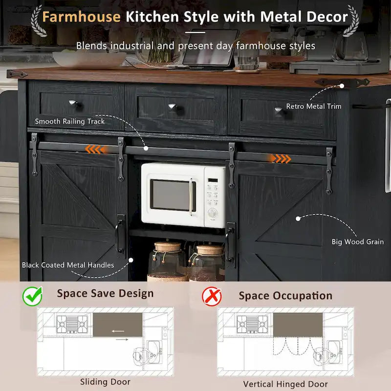 Black Farmhouse Kitchen Island with Storage & Power Outlet, 1-Person