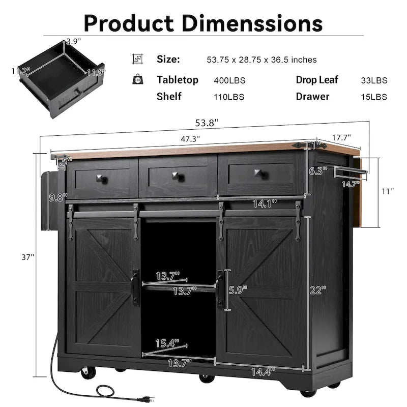 Black Farmhouse Kitchen Island with Storage & Power Outlet, 1-Person