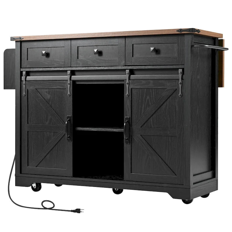 Black Farmhouse Kitchen Island with Storage & Power Outlet, 1-Person