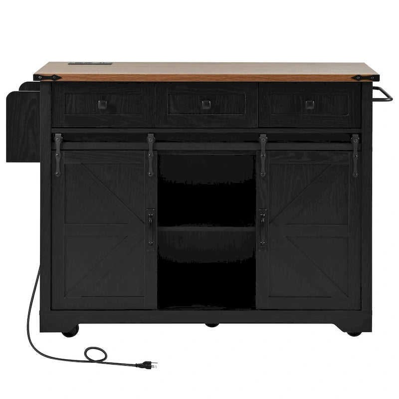 Black Farmhouse Kitchen Island with Storage & Power Outlet, 1-Person