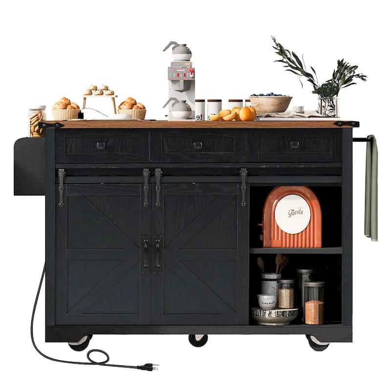 Black Farmhouse Kitchen Island with Storage & Power Outlet, 1-Person
