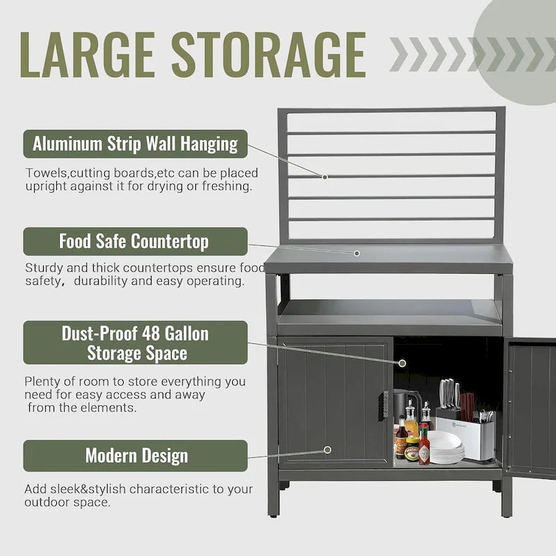 Grey Outdoor Kitchen Island with Storage, Stool Not Included