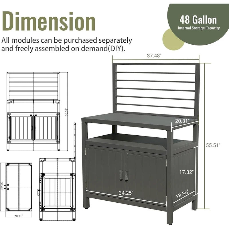 Grey Outdoor Kitchen Island with Storage, Stool Not Included