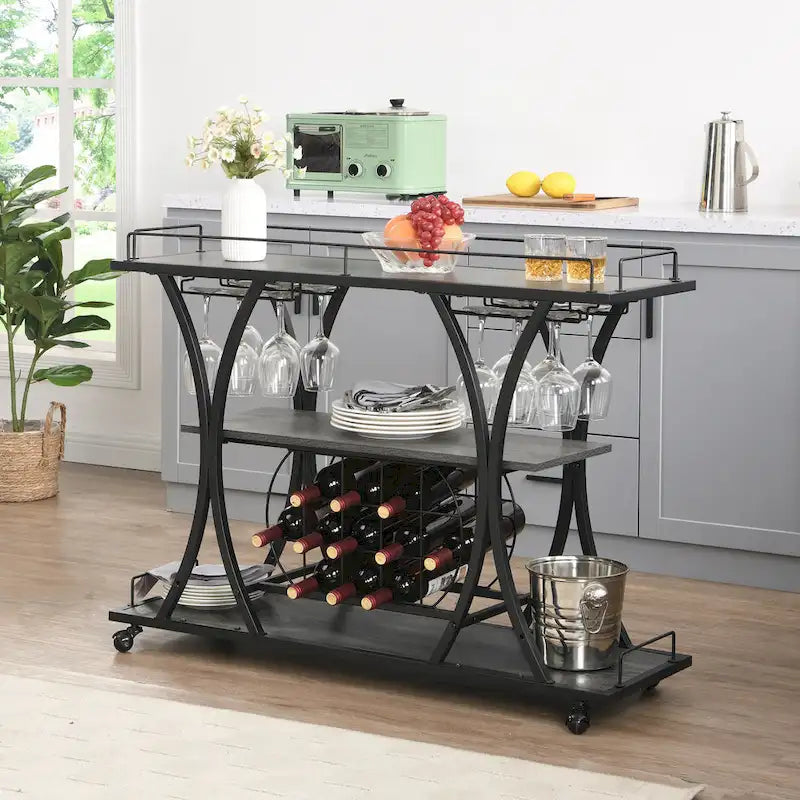 Black Industrial Bar Cart with Wheels, 3-Tier, 11-Bottle & 16-Glass Rack, 1-Person Use