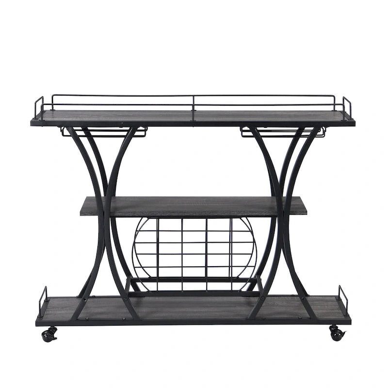 Black Industrial Bar Cart with Wheels, 3-Tier, 11-Bottle & 16-Glass Rack, 1-Person Use