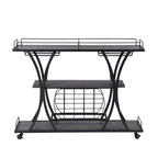 Black Industrial Bar Cart with Wheels, 3-Tier, 11-Bottle & 16-Glass Rack, 1-Person Use