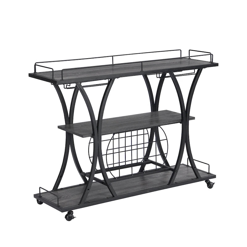 Black Industrial Bar Cart with Wheels, 3-Tier, 11-Bottle & 16-Glass Rack, 1-Person Use