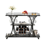 Black Industrial Bar Cart with Wheels, 3-Tier, 11-Bottle & 16-Glass Rack, 1-Person Use