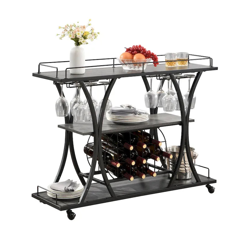 Black Industrial Bar Cart with Wheels, 3-Tier, 11-Bottle & 16-Glass Rack, 1-Person Use