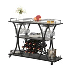 Black Industrial Bar Cart with Wheels, 3-Tier, 11-Bottle & 16-Glass Rack, 1-Person Use