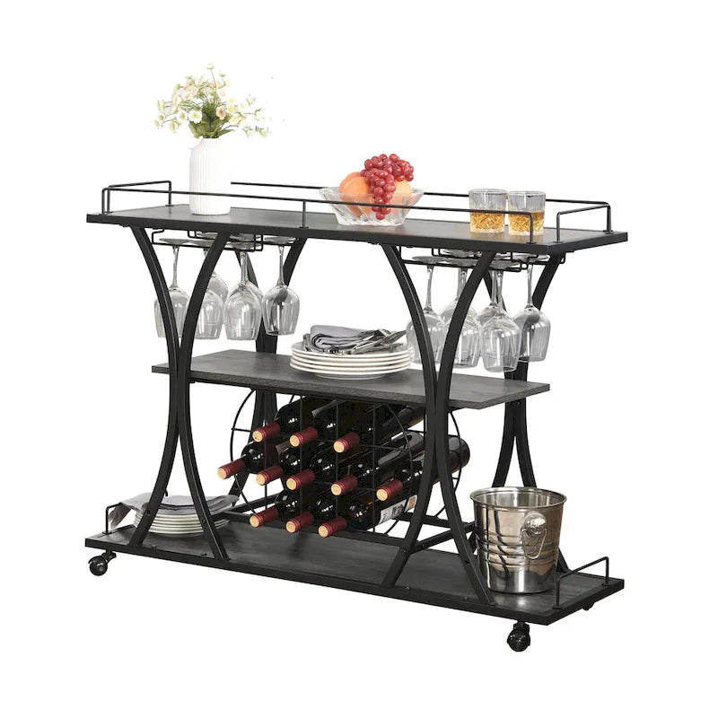 Black Industrial Bar Cart with Wheels, 3-Tier, 11-Bottle & 16-Glass Rack, 1-Person Use