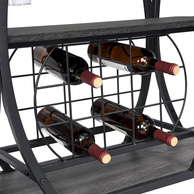 Black Industrial Bar Cart with Wheels, 3-Tier, 11-Bottle & 16-Glass Rack, 1-Person Use