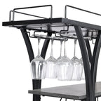 Black Industrial Bar Cart with Wheels, 3-Tier, 11-Bottle & 16-Glass Rack, 1-Person Use