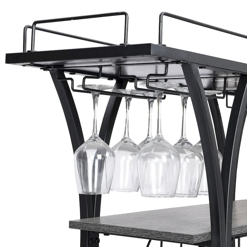 Black Industrial Bar Cart with Wheels, 3-Tier, 11-Bottle & 16-Glass Rack, 1-Person Use