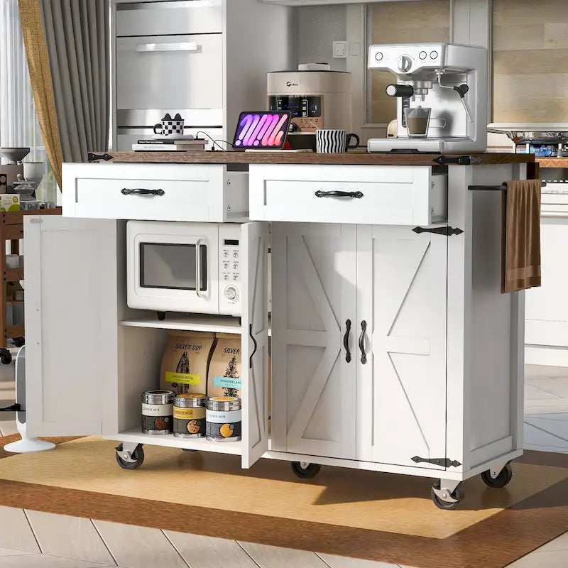 Kitchen Island with Power Outlet, Black/White, Seats 2–4 | Drop Leaf, Spice Rack & Drawer