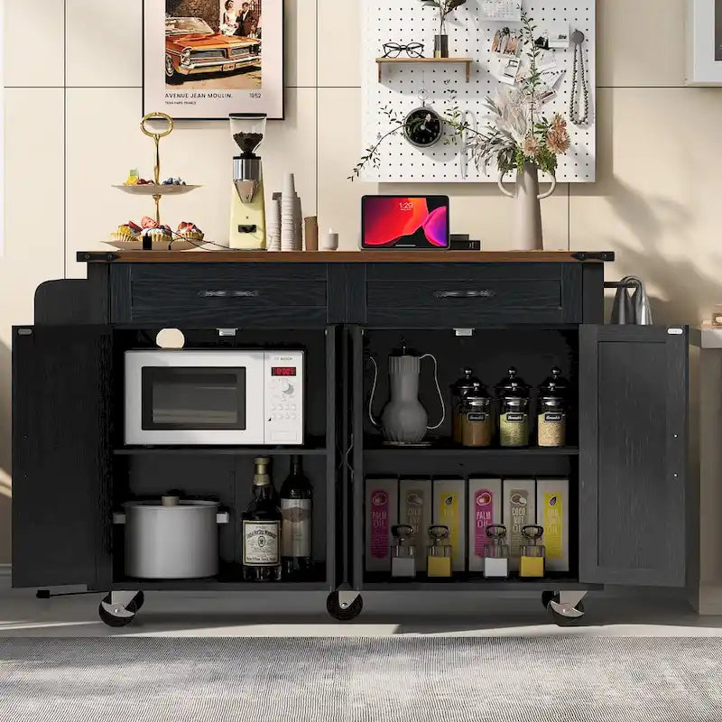 Kitchen Island with Power Outlet, Black/White, Seats 2–4 | Drop Leaf, Spice Rack & Drawer