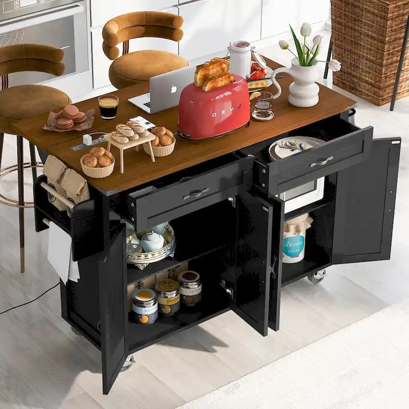 Kitchen Island with Power Outlet, Black/White, Seats 2–4 | Drop Leaf, Spice Rack & Drawer