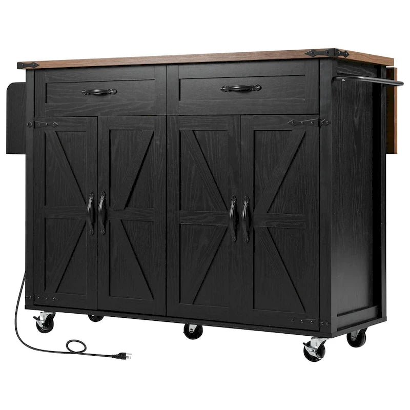 Kitchen Island with Power Outlet, Black/White, Seats 2–4 | Drop Leaf, Spice Rack & Drawer