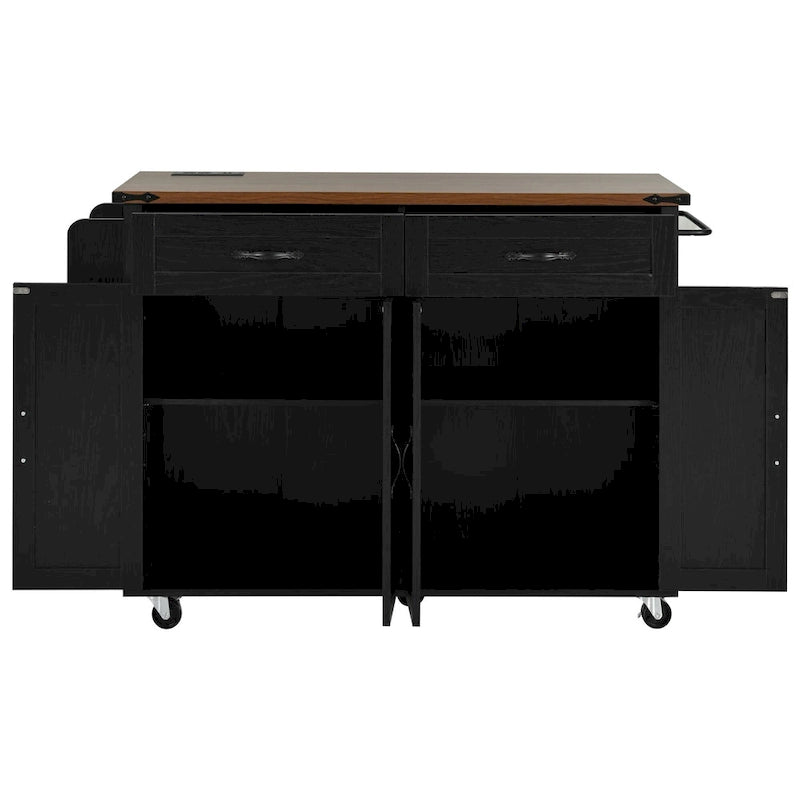 Kitchen Island with Power Outlet, Black/White, Seats 2–4 | Drop Leaf, Spice Rack & Drawer
