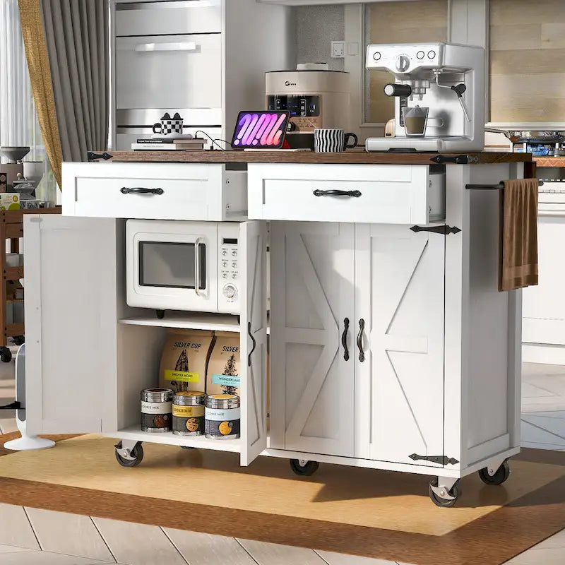 Kitchen Island with Power Outlet, Black/White, Seats 2–4 | Drop Leaf, Spice Rack & Drawer