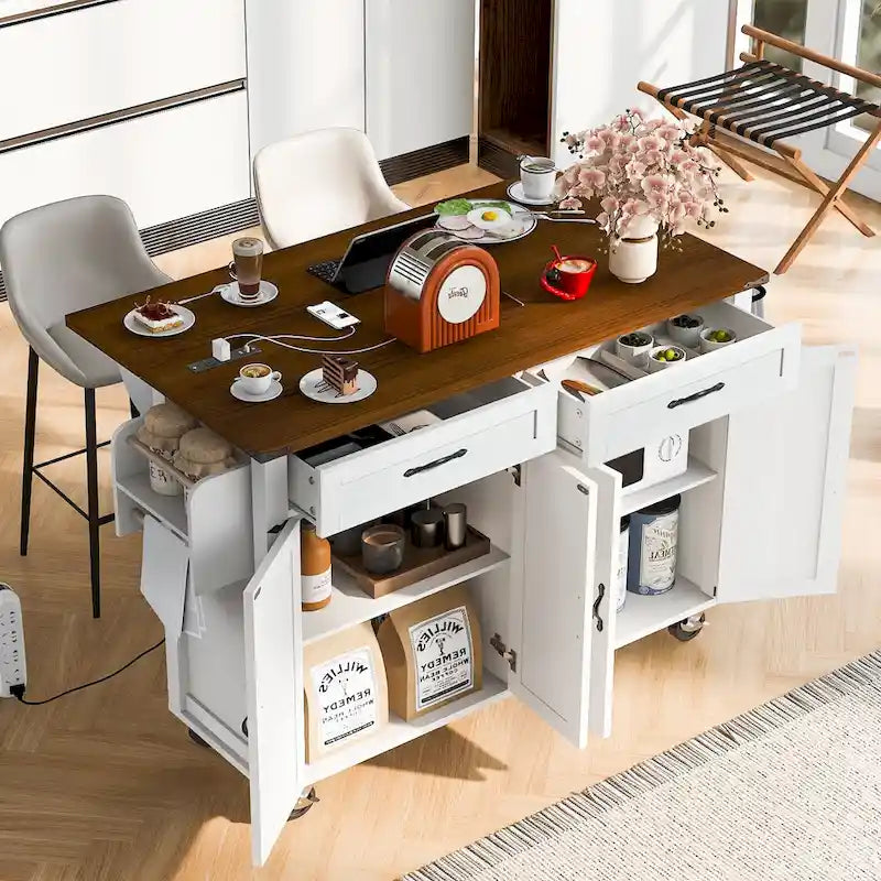 Kitchen Island with Power Outlet, Black/White, Seats 2–4 | Drop Leaf, Spice Rack & Drawer