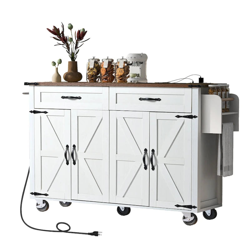 Kitchen Island with Power Outlet, Black/White, Seats 2–4 | Drop Leaf, Spice Rack & Drawer