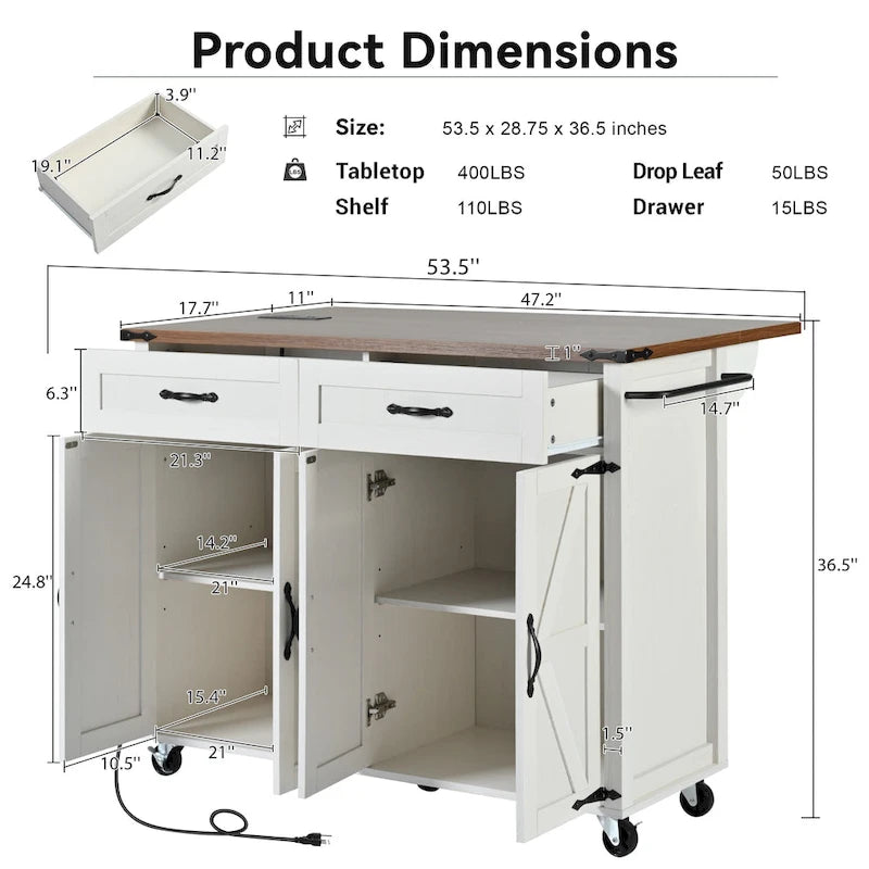Kitchen Island with Power Outlet, Black/White, Seats 2–4 | Drop Leaf, Spice Rack & Drawer