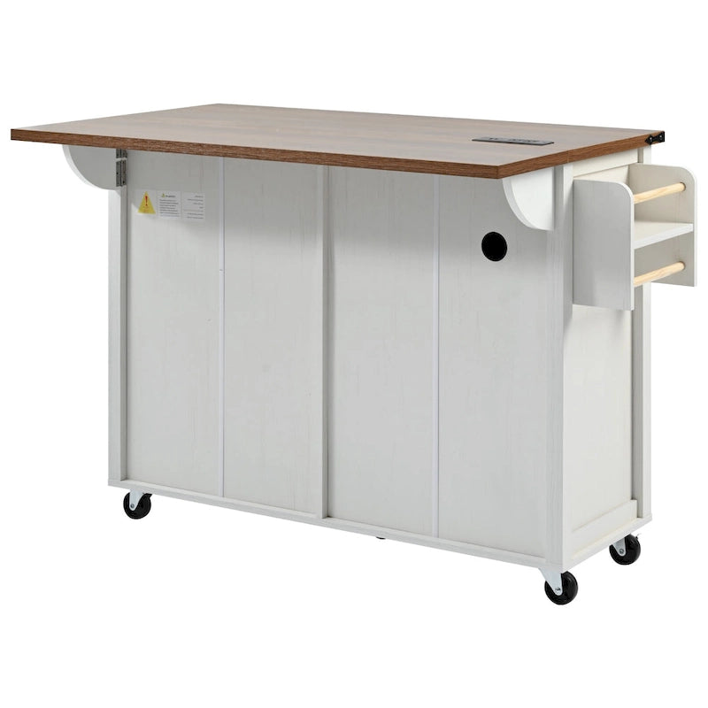 Kitchen Island with Power Outlet, Black/White, Seats 2–4 | Drop Leaf, Spice Rack & Drawer