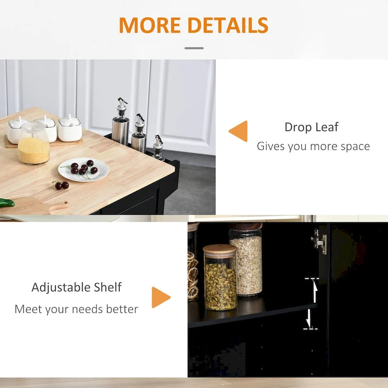 Black Rolling Kitchen Island with Drop-Leaf Top, 3 Drawers & 2-Door Cabinet