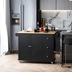 Black Rolling Kitchen Island with Drop-Leaf Top, 3 Drawers & 2-Door Cabinet