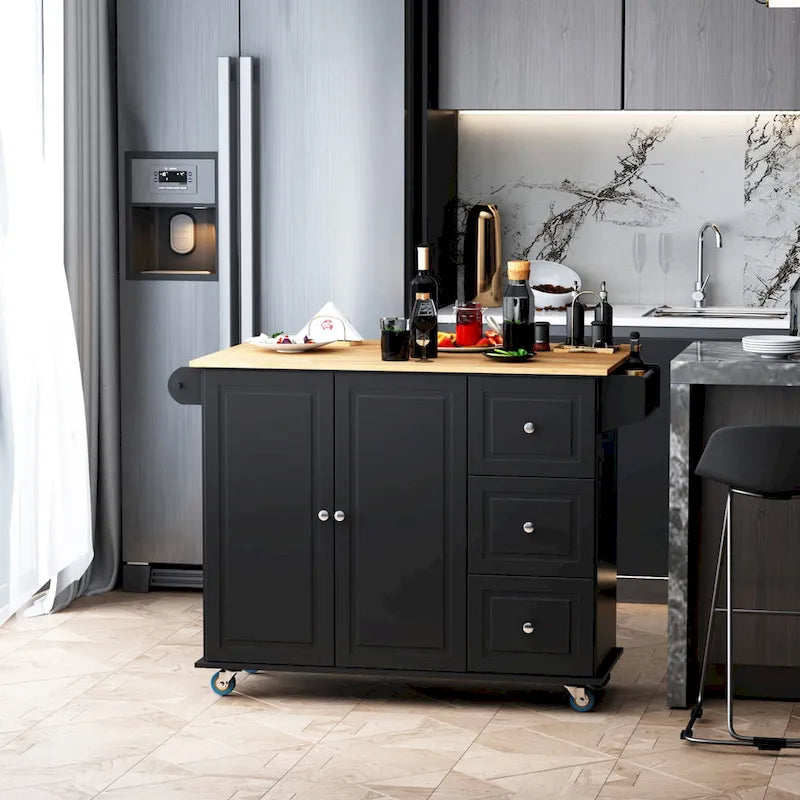 Black Rolling Kitchen Island with Drop-Leaf Top, 3 Drawers & 2-Door Cabinet