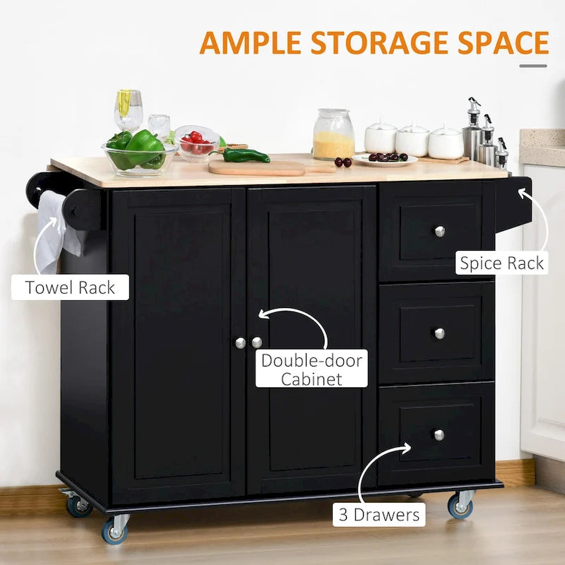 Black Rolling Kitchen Island with Drop-Leaf Top, 3 Drawers & 2-Door Cabinet