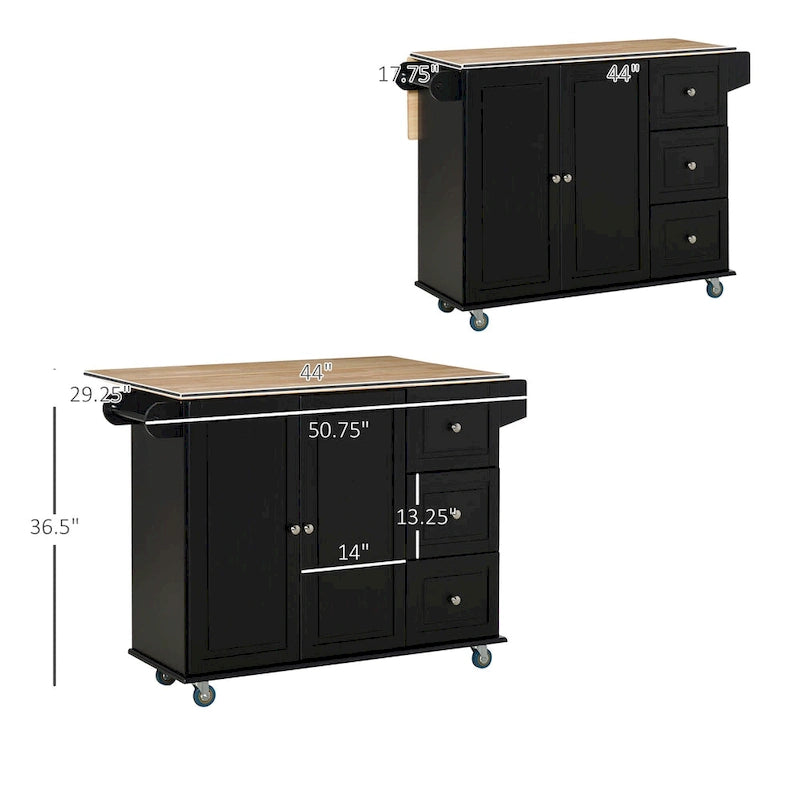 Black Rolling Kitchen Island with Drop-Leaf Top, 3 Drawers & 2-Door Cabinet