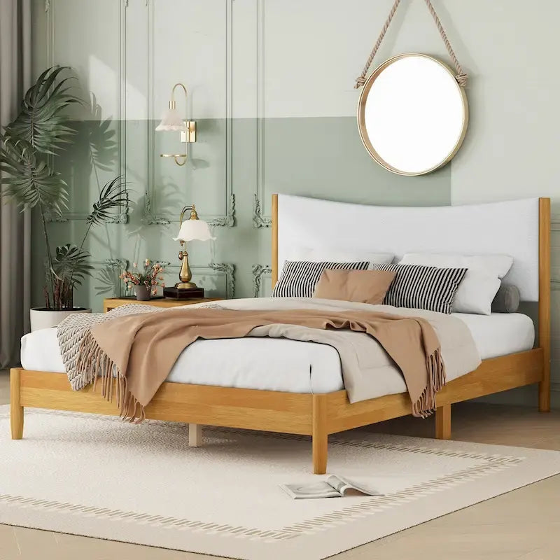 Natural Queen Size Rubber Wooden with Platform Bed Teddy Velvet Cushion Upholstered Headboard