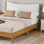 Natural Queen Size Rubber Wooden with Platform Bed Teddy Velvet Cushion Upholstered Headboard