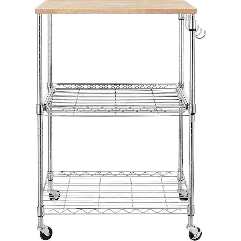 Brown Steel & Oak Kitchen Cart with Wheels, Slider Shelf & Hooks