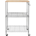 Brown Steel & Oak Kitchen Cart with Wheels, Slider Shelf & Hooks