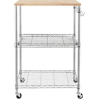 Brown Steel & Oak Kitchen Cart with Wheels, Slider Shelf & Hooks