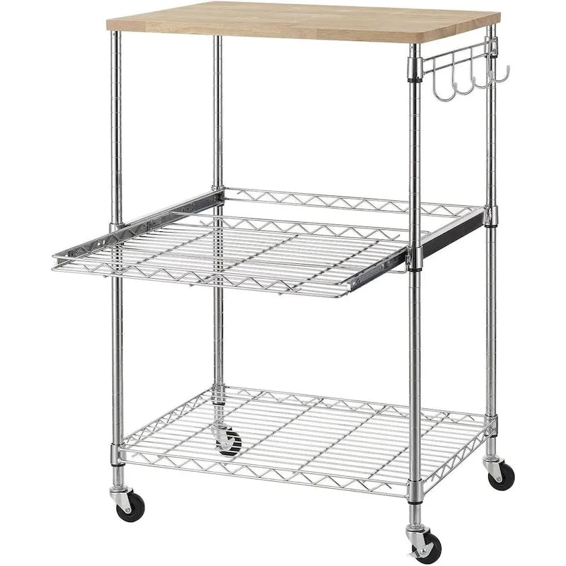 Brown Steel & Oak Kitchen Cart with Wheels, Slider Shelf & Hooks