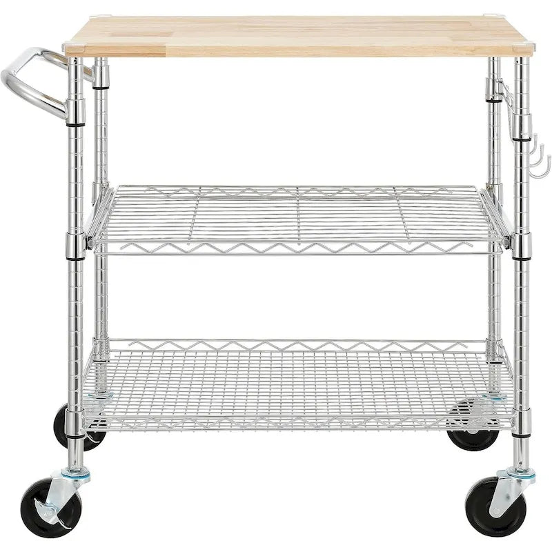Brown Steel & Oak Kitchen Cart with Wheels, Slider Shelf & Hooks