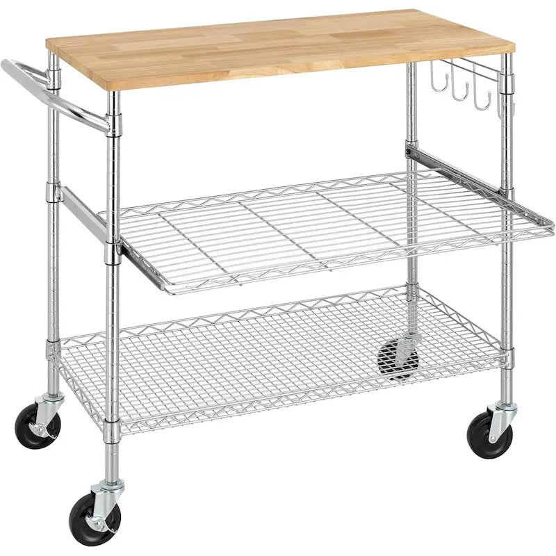 Brown Steel & Oak Kitchen Cart with Wheels, Slider Shelf & Hooks