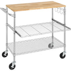 Brown Steel & Oak Kitchen Cart with Wheels, Slider Shelf & Hooks