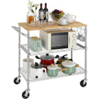 Brown Steel & Oak Kitchen Cart with Wheels, Slider Shelf & Hooks