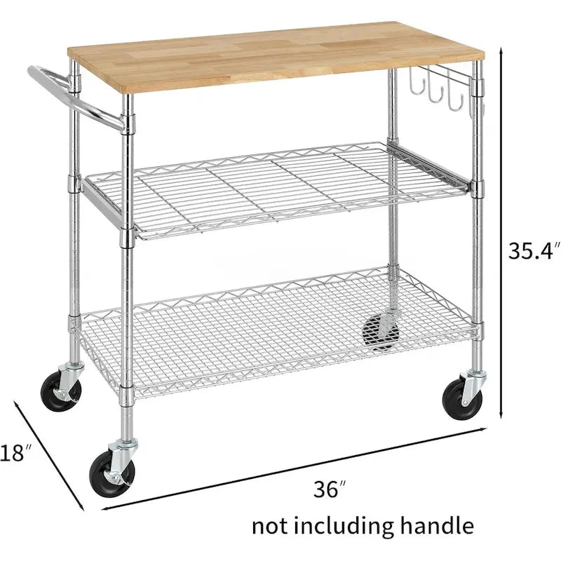 Brown Steel & Oak Kitchen Cart with Wheels, Slider Shelf & Hooks