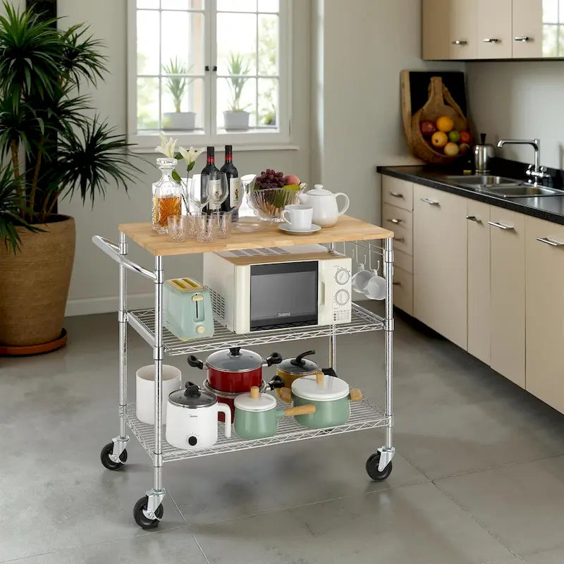 Brown Steel & Oak Kitchen Cart with Wheels, Slider Shelf & Hooks