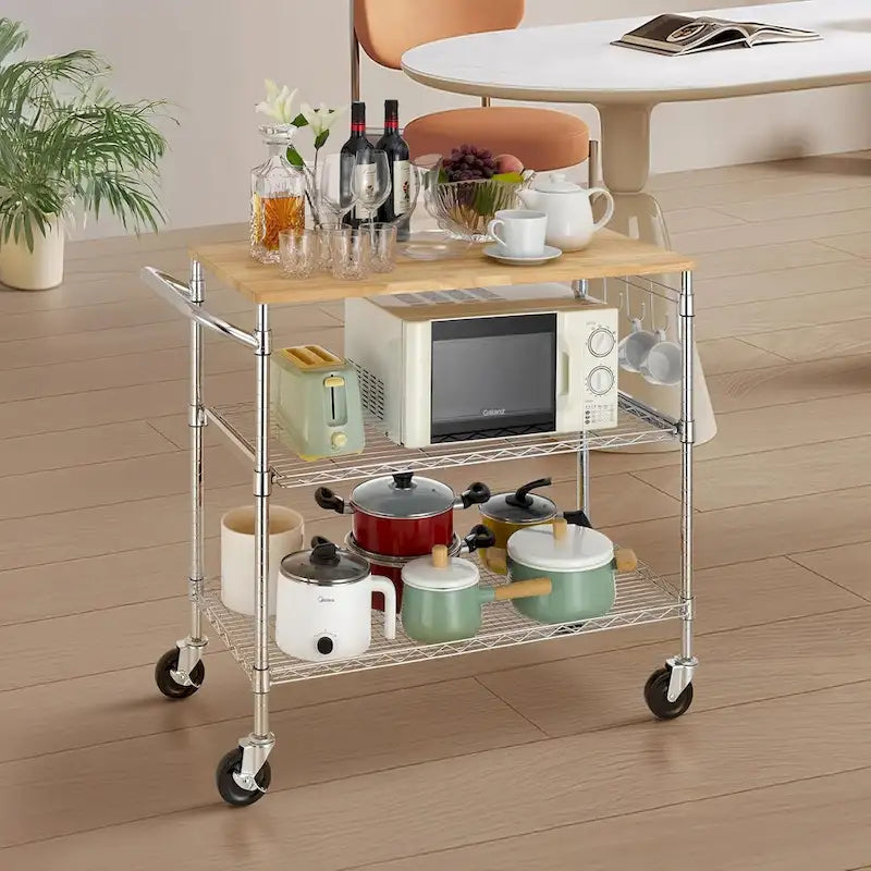 Brown Steel & Oak Kitchen Cart with Wheels, Slider Shelf & Hooks
