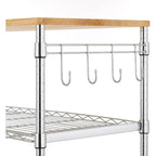 Brown Steel & Oak Kitchen Cart with Wheels, Slider Shelf & Hooks