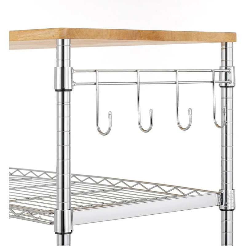 Brown Steel & Oak Kitchen Cart with Wheels, Slider Shelf & Hooks